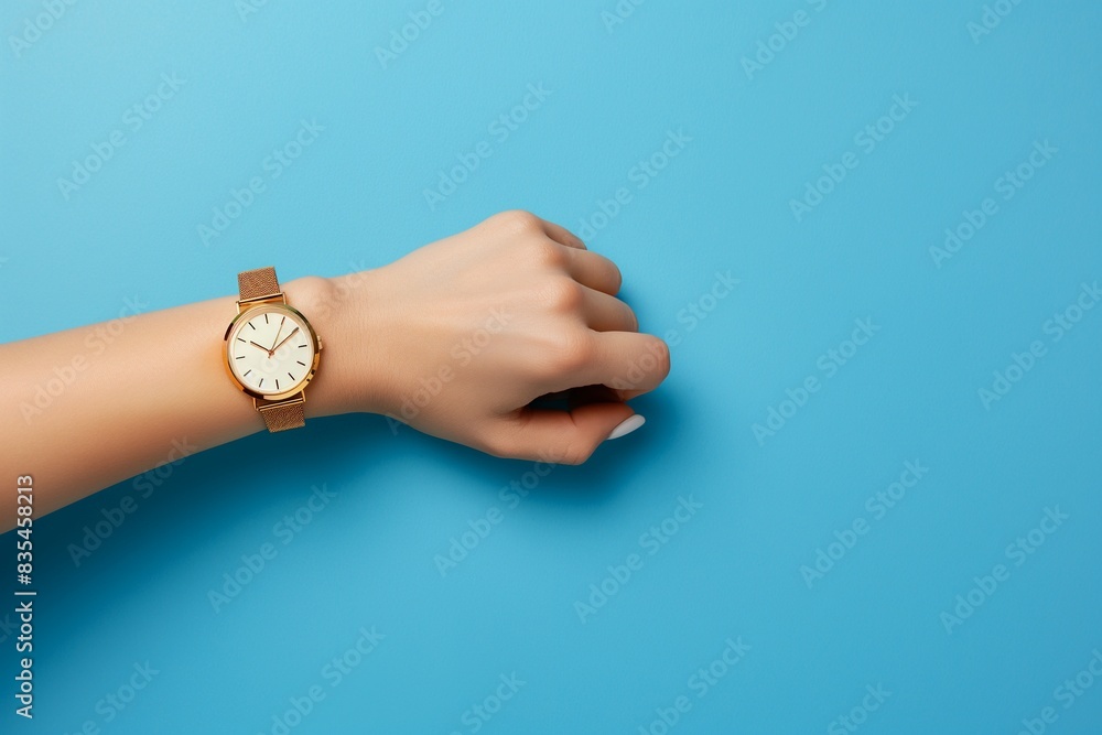 Female hand with golden wristwatch on blue background, Elegant Gold Wristwatch on Female Hand Against Blue Background, Stylish Female Hand Wearing Golden Wristwatch on Vibrant Blue Backdrop Female hand with golden wristwatch on blue background, Elegant Gold Wristwatch on Female Hand Against Blue Background, Stylish Female Hand Wearing Golden Wristwatch on Vibrant Blue Backdrop