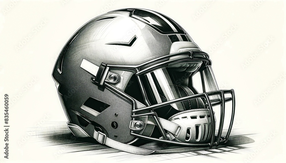 A black and white American football helmet drawing, highlighting the intricate details and shading. The minimalist design captures the essence of the sport while showcasing artistic elements. A black and white American football helmet drawing, highlighting the intricate details and shading. The minimalist design captures the essence of the sport while showcasing artistic elements.