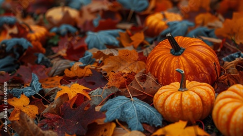 Pumpkins Resting on Autumn Leaves in Late October