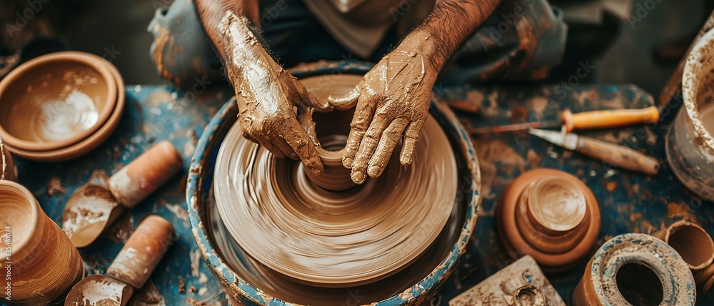 Hands of craftsman is molding clay on the pottery wheel. Ceramic craft. Dirty male hands sculpt mug with ceramic clay. Hands of craftsman is molding clay on the pottery wheel. Ceramic craft. Dirty male hands sculpt mug with ceramic clay.