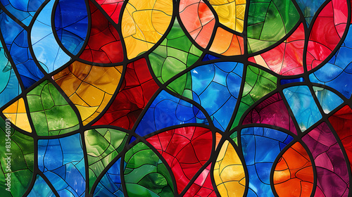  a colorful stained glass pattern with interlocking shapes in various hues like red  blue  green  and yellow