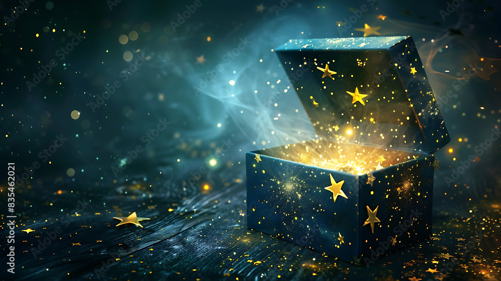 The image depicts a dark blue, star-patterned box with a partially open lid. A golden, glowing light emanates from within the box, casting its radiance on the surrounding The image depicts a dark blue, star-patterned box with a partially open lid. A golden, glowing light emanates from within the box, casting its radiance on the surrounding