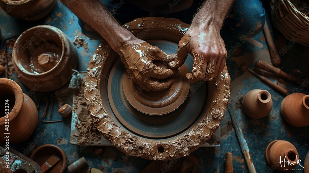 Hands of craftsman is molding clay on the pottery wheel. Ceramic craft. Dirty male hands sculpt mug with ceramic clay. Hands of craftsman is molding clay on the pottery wheel. Ceramic craft. Dirty male hands sculpt mug with ceramic clay.