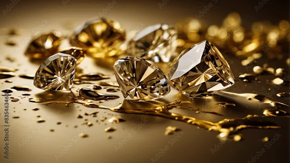 several gemstones, diamonds, placed on liquid golden surface with vibrant lighting . several gemstones, diamonds, placed on liquid golden surface with vibrant lighting .
