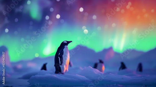 Penguins on ice land with beautiful aurora northern lights in night sky with snow forest in winter.