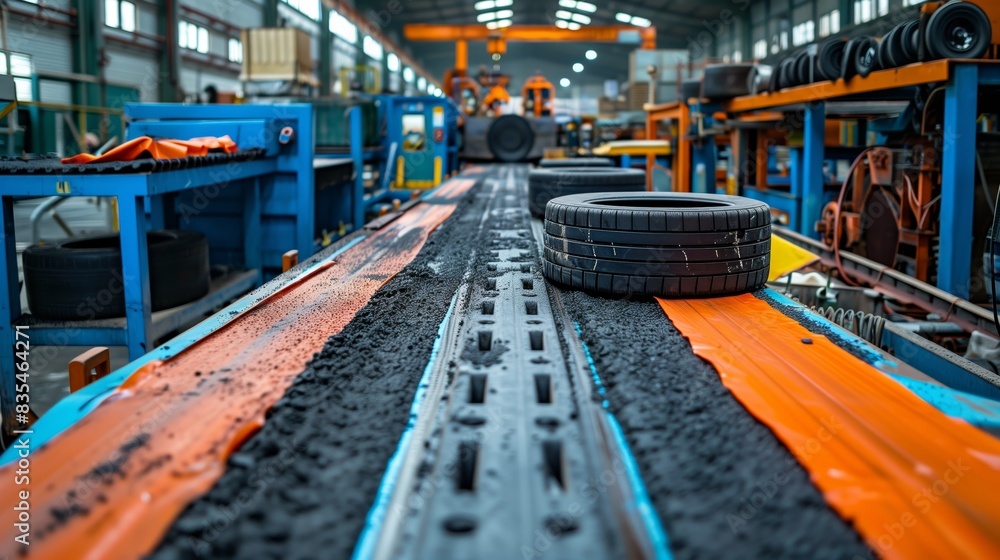 Tire recycling plant - industrial interior. A black tires is positioned on an orange conveyor belt, with shredded rubber material visible on another part of the conveyor system. Tire recycling plant - industrial interior. A black tires is positioned on an orange conveyor belt, with shredded rubber material visible on another part of the conveyor system.