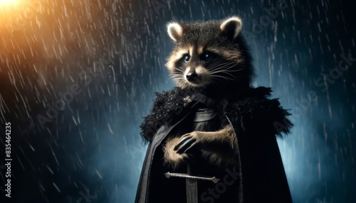 Raccoon dressed as a warrior standing with a sword in the rain. Fantasy character, medieval warrior, animal knight concept photo