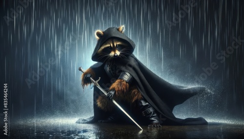 Raccoon in a black cloak wielding a sword in the rain. Fantasy character, medieval warrior, animal knight concept photo