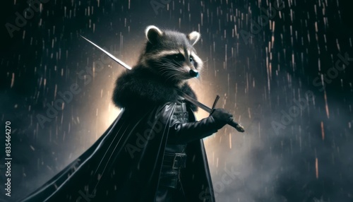 Raccoon dressed as a warrior holding a sword in the rain. Warrior raccoon with a blade in a dark, rainy setting. Fantasy character, warrior animal, medieval costume concept photo