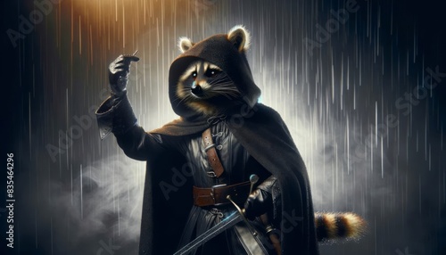 Raccoon in a hooded cloak holding a small object in the rain. Hooded raccoon with a sword in a dark, rainy scene. Fantasy character, warrior animal, mysterious object concept photo