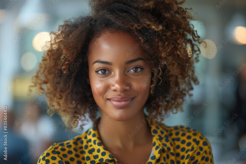 A stylish woman in a trendy leopard print top represents youthful energy and contemporary casual fashion in an office setting A stylish woman in a trendy leopard print top represents youthful energy and contemporary casual fashion in an office setting