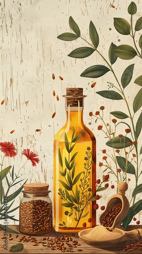 A plantbased scene of Flaxseed Oil with Omega3 icons, indicating plantbased Omega3 benefits photo