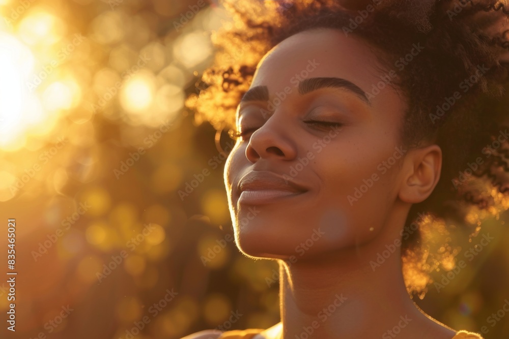 Fototapeta premium A woman's silhouette facing the sunset captures the golden hour light, symbolizing hope and peace