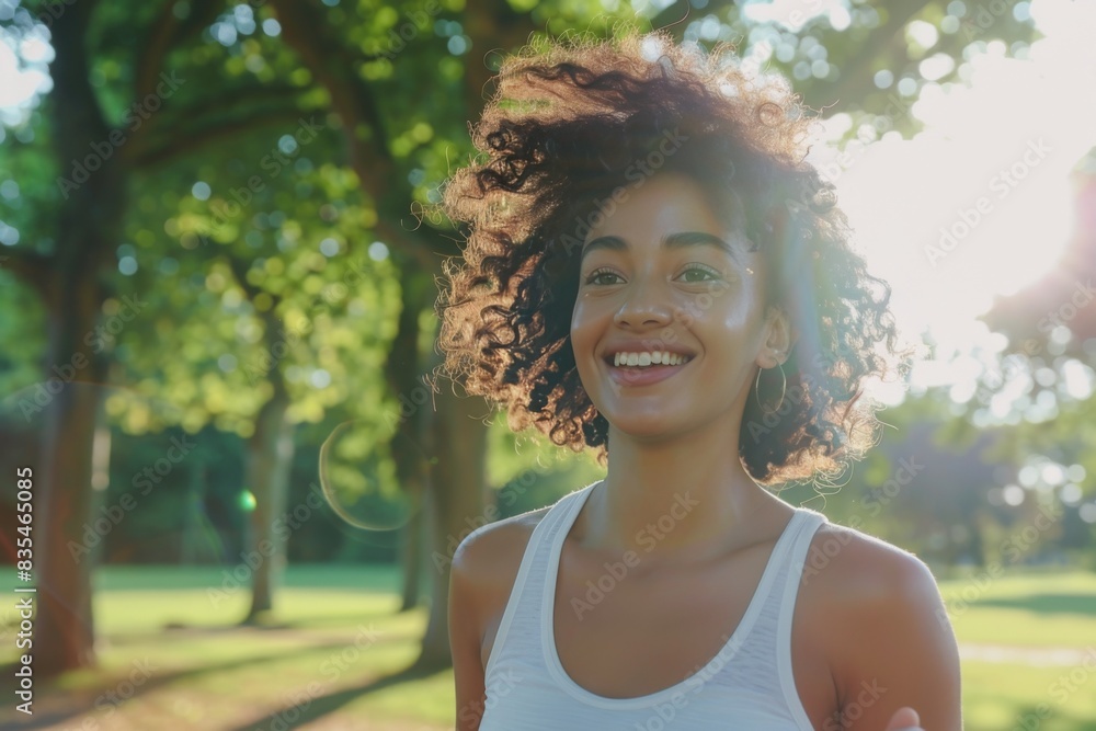 Image of a woman in a park with the sun backlighting her curly hair creating a halo effect Image of a woman in a park with the sun backlighting her curly hair creating a halo effect