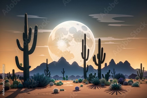 Illustration of a moonlit desert with silhouettes of big cacti.  Mysterious night in the desert. Wall art photo