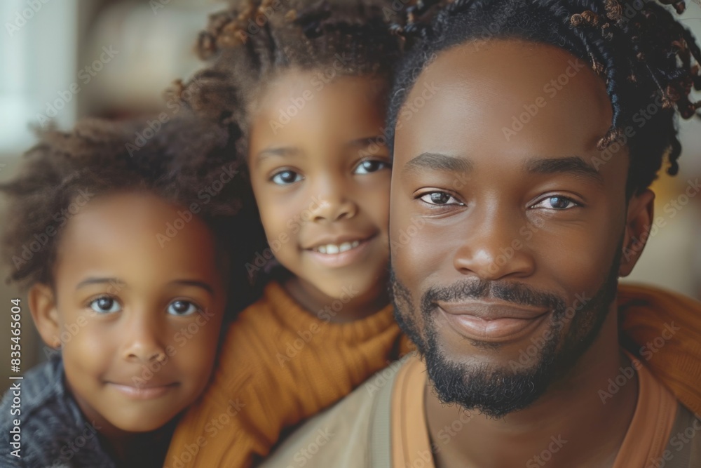 A heartwarming family portrait featuring a beaming father with his two young children smiling at the camera A heartwarming family portrait featuring a beaming father with his two young children smiling at the camera