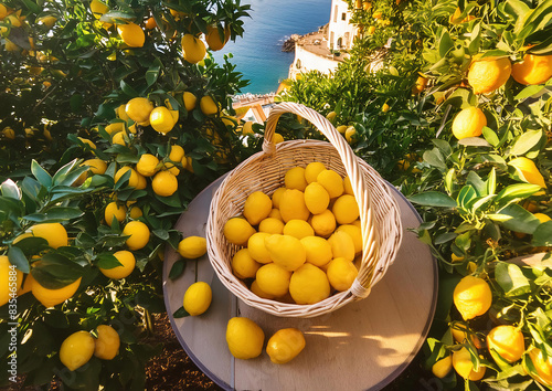 Fresh lemons arranged in baskets with a sea view in a Mediterranean town	 photo