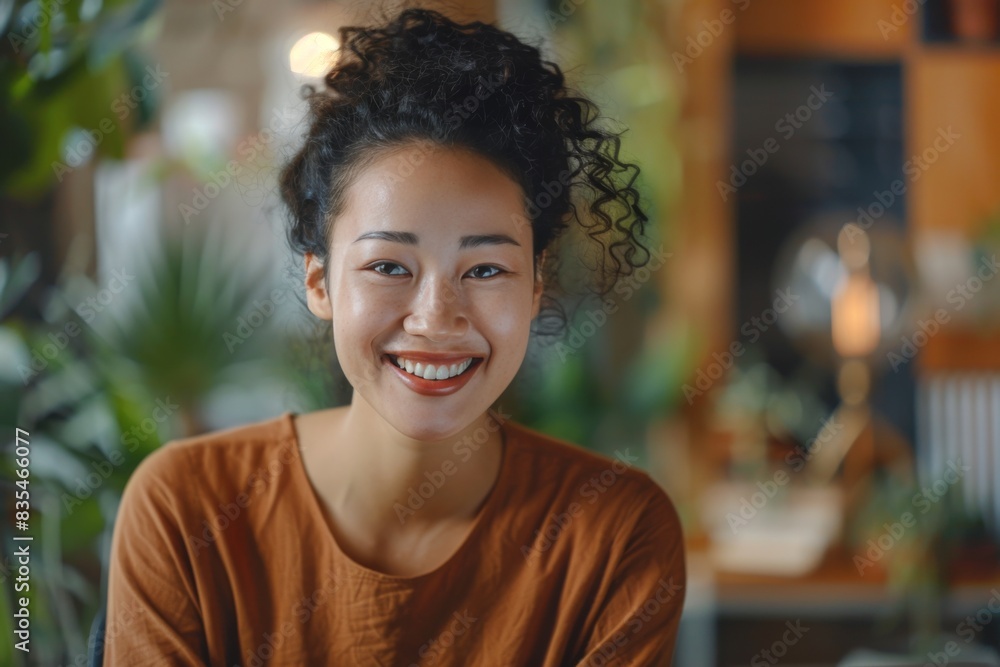Portrait of a woman with a warm smile, indoors with a casual, relaxed appearance and natural lighting Portrait of a woman with a warm smile, indoors with a casual, relaxed appearance and natural lighting