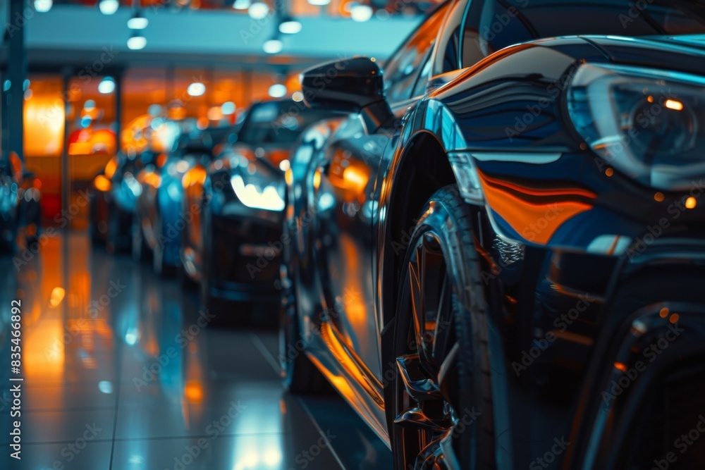 The image showcases a row of high-end sport cars with a shallow depth of field in a vibrant dealership The image showcases a row of high-end sport cars with a shallow depth of field in a vibrant dealership