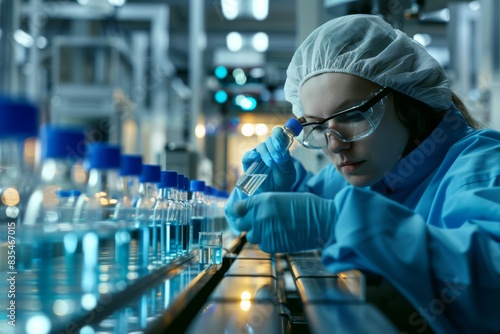 An industrial worker with blurred face examines vials in a pharmaceutical factory with blue lighting