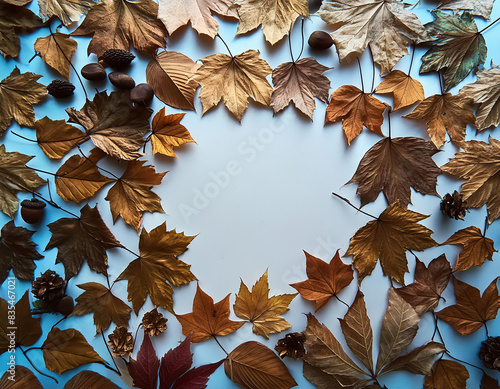Frame made of autumn dried leaves on soft blue background.  photo