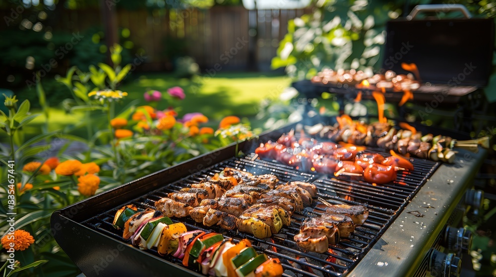Backyard Barbecue Grill with Sizzling Food on a Bright Summer Day Backyard Barbecue Grill with Sizzling Food on a Bright Summer Day