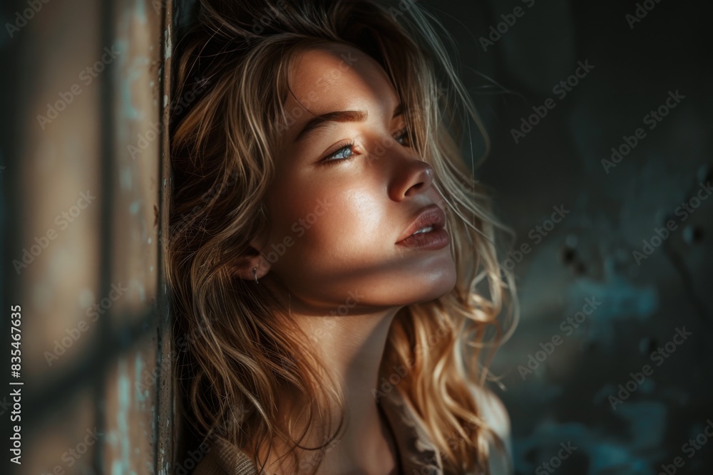 A woman's hair and partial profile is in focus against a textured, rusty background A woman's hair and partial profile is in focus against a textured, rusty background
