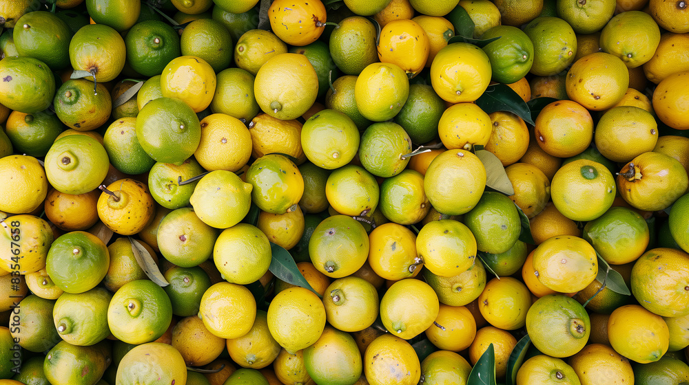 A background filled with a large number of lemons with leaves of varying maturity, from still green to fully ripe. Lemon background, top view A background filled with a large number of lemons with leaves of varying maturity, from still green to fully ripe. Lemon background, top view