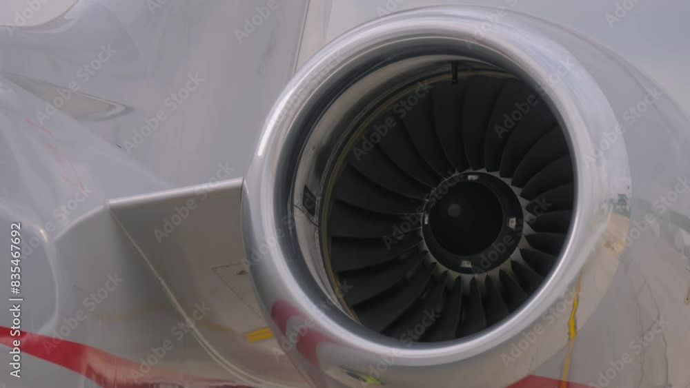 Close up view of an airplane turbine, jet engine rotating. Transportation, journey, technology and tourism concept Close up view of an airplane turbine, jet engine rotating. Transportation, journey, technology and tourism concept