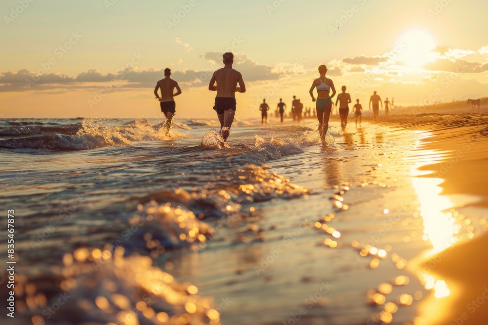 Fototapeta premium The image captures the dynamic motion of runners splashing through the ocean water at sunset, creating a lively scene