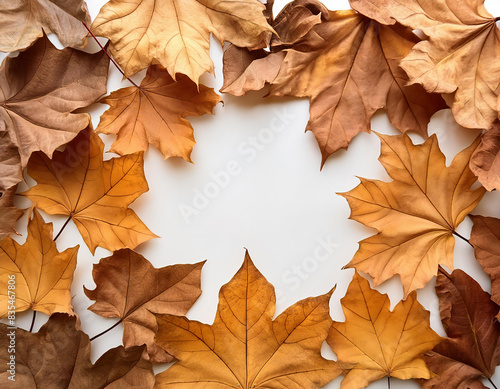 Frame made of autumn dried leaves on white background.  photo