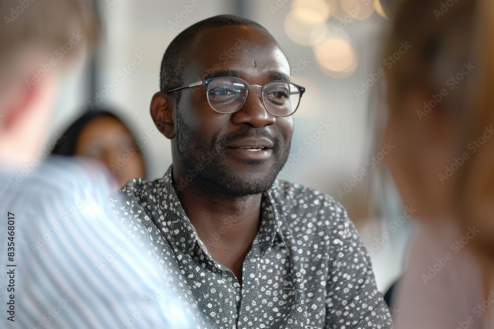 Fototapeta premium An indoors business meeting scene with a man in focus wearing a patterned shirt