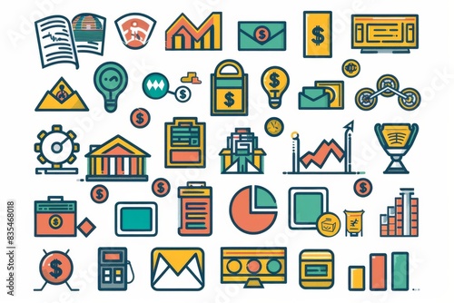 A collection of colorful business and finance vector icons on a plain background photo