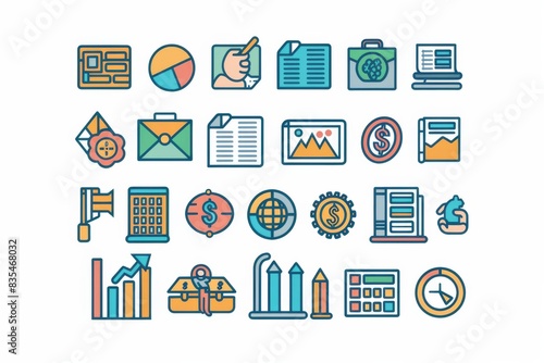 Assorted array of modern flat design icons related to business management and operations photo