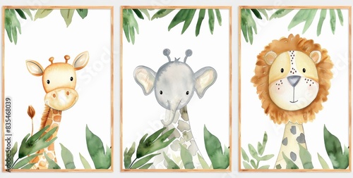 Three delightful watercolor illustrations showcasing close-up portraits of safari animals: giraffe, elephant, lion photo