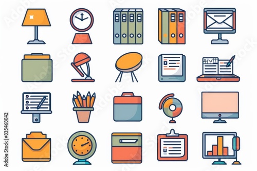 A set of vibrant flat design icons depicting various office and productivity tools and concepts photo