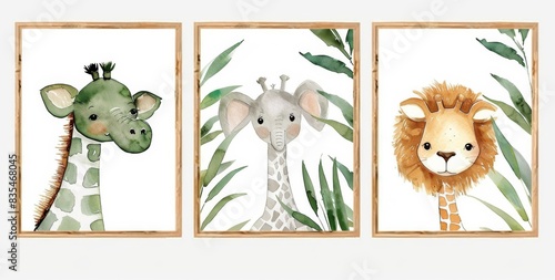 A triptych of charming watercolor animal portraits featuring a giraffe, elephant, and lion within frames photo