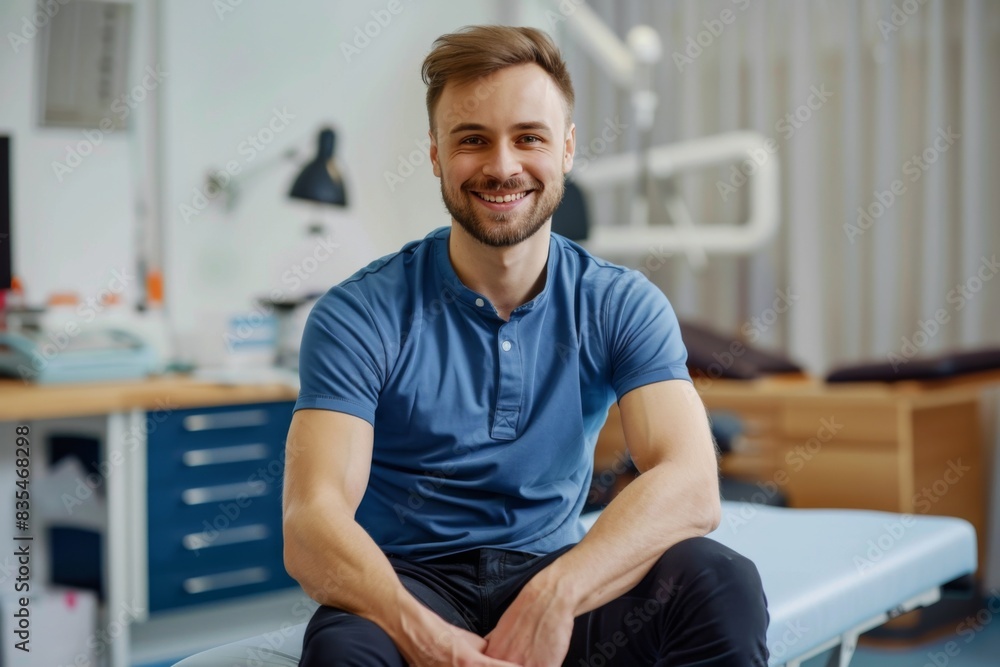This photo depicts a man seated on a chair in a medical room, emanating a sense of anticipation or careful thought This photo depicts a man seated on a chair in a medical room, emanating a sense of anticipation or careful thought