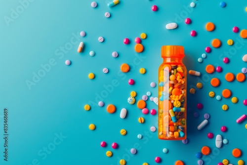 A vibrant image of numerous pills and capsules overflowing from a pill bottle on a blue background, symbolizing medicine use