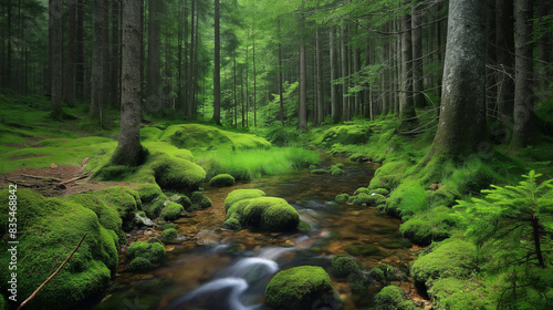 cena de floresta com um pequeno riacho passando por ela.  photo