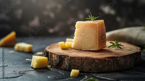 Coleção de queijo, pedaço de queijo na tábua de madeira sobre fundo escuro photo