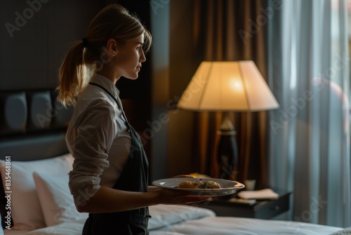 Attentive room service staff delivering a plated meal in a cozy hotel room with ambient lighting photo
