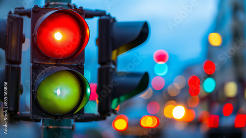 Um sinal de trânsito mudando de vermelho para verde, simbolizando o fluxo de veículos photo
