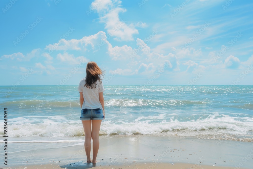 A back view of a girl standing alone on the beach, facing the ocean on a bright sunny day A back view of a girl standing alone on the beach, facing the ocean on a bright sunny day
