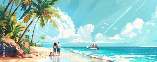 Vibrant digital illustration of vacationers enjoying a sunny tropical beach with palm trees. photo