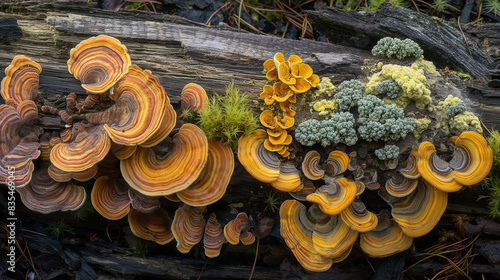 Comunidade diversificada de fungos em um tronco em decomposição, com diferentes formas, tamanhos e cores, criando uma imagem visualmente rica. photo