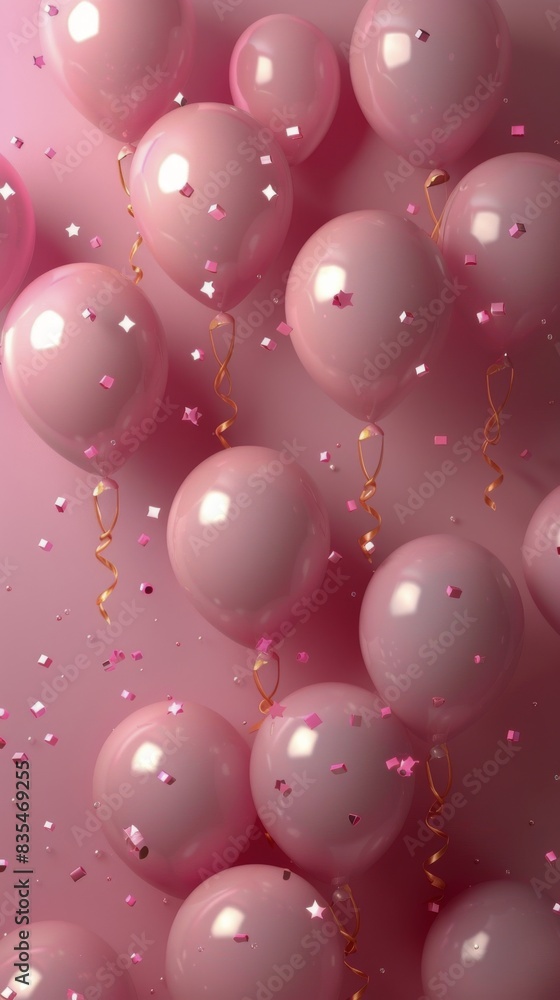 Pink Balloons and Confetti on a Pink Background