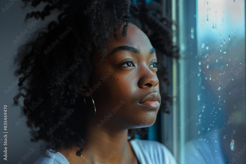 A contemplative individual is shown looking through a window with raindrops, suggesting reflection or melancholy A contemplative individual is shown looking through a window with raindrops, suggesting reflection or melancholy