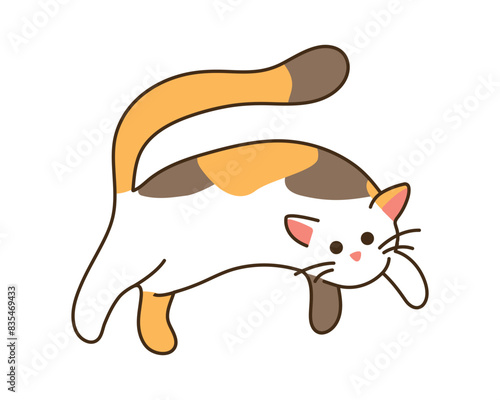 Spotted cute cat jumping. Tricolor domestic kitten runs away funny with its tail raised. Kawaii contour colored animal. Isolated character on white background for sticker. Vector illustration