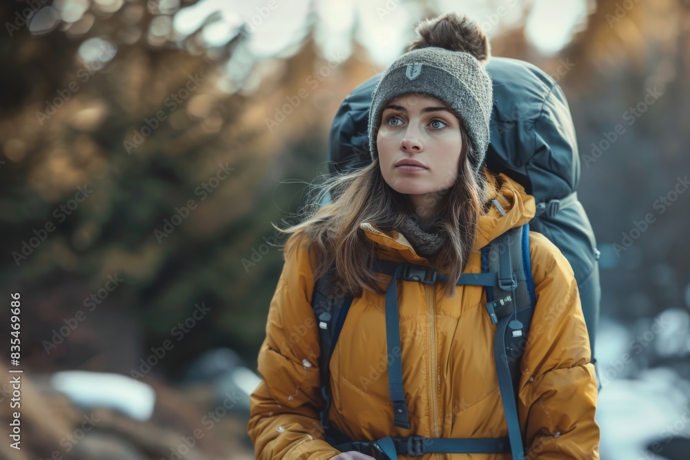 Adventurous solo traveler in a yellow jacket carrying a backpack in a peaceful snowy mountain setting Adventurous solo traveler in a yellow jacket carrying a backpack in a peaceful snowy mountain setting